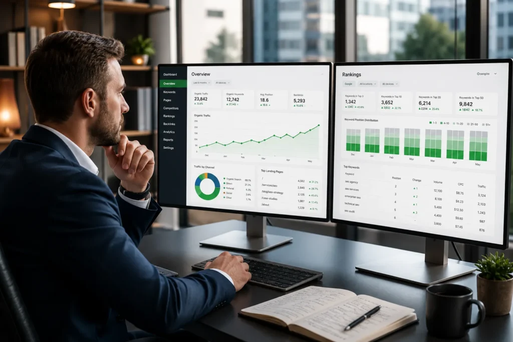 Professional analyzing SEO dashboards and organic traffic growth