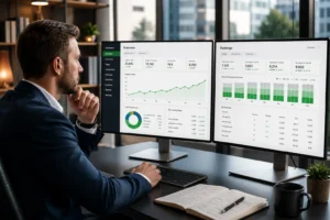 Professional analyzing SEO dashboards and organic traffic growth