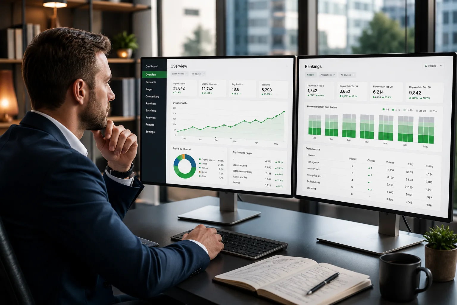 Professional analyzing SEO dashboards and organic traffic growth