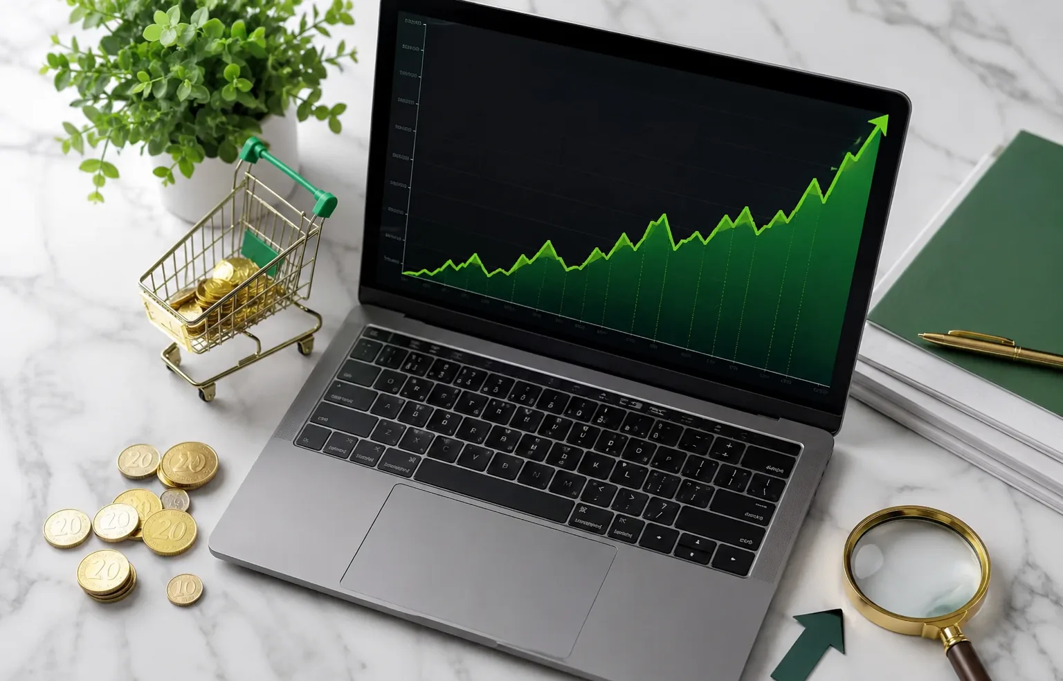 Laptop with rising green graph, coins, and shopping cart on marble desk