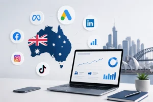 Australia social media marketing dashboard with analytics and digital channels.