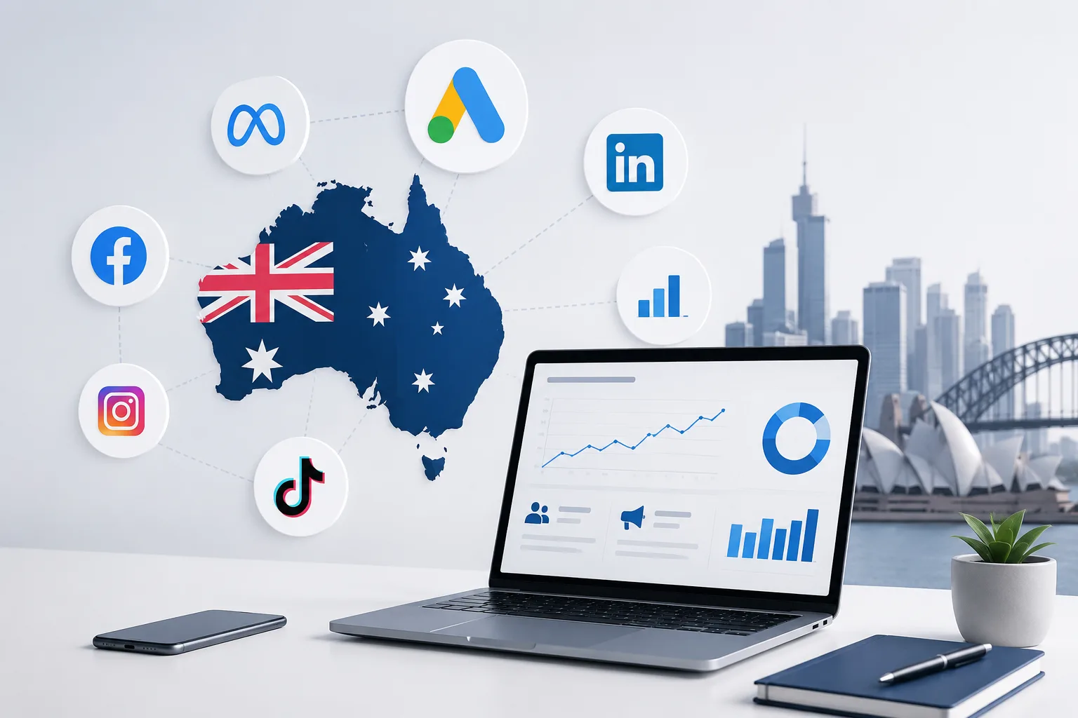 Australia social media marketing dashboard with analytics and digital channels.