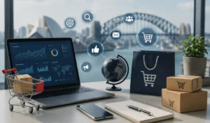 Digital marketing workspace with ecommerce analytics, shopping cart
