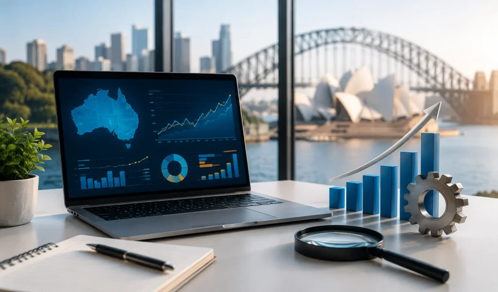 SEO analytics dashboard with Australia map and growth charts